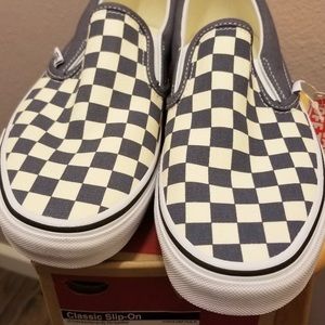Blue and white checkered slip on Vans